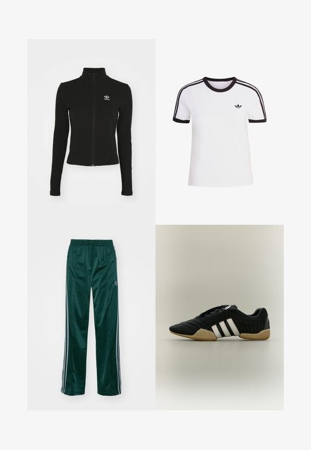 Zwarte zip-up jas met lange mouwen, gemaakt van textuurmateriaal, met een klein blauw Adidas-logo op de linkerborst.; Wit T-shirt met korte mouwen en zwarte accenten, voorzien van een ronde hals en drie zwarte strepen op elke schouder. Klein zwart logo op de borst.; Donkergroene sportbroeken van glanzend materiaal, met zijstrepens in lichtgrijs en een geborduurd logo op het linkerbeen.; Zwart sportief schoen met witte strepen en beige getextureerde zool op een neutrale achtergrond, weergegeven in zijprofiel.