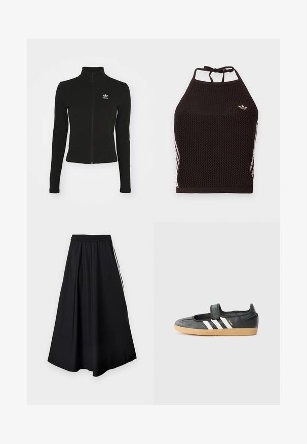 Sort zip-up jakke med lange ærmer, lavet af tekstureret materiale, med et lille blåt Adidas-logo på venstre bryst.; Sort mesh halter crop top med tekstureret design. Har pink accentstriber og en lille logo foran. Lukning med bånd bagpå.; Sorte bukser med vidde i benene, elastisk talje og hvide sidestriber, vist mod en simpel hvid baggrund.; Sort læder- og ruskinds sneakers med en Velcro-rem, der har tre hvide striber og en gummisål, mærket "SAMBA" på siden.