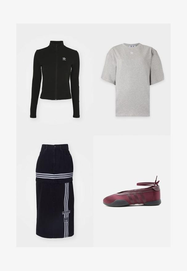 Zwarte zip-up jas met lange mouwen, gemaakt van textuurmateriaal, met een klein blauw Adidas-logo op de linkerborst.; Lichtgrijs Adidas T-shirt met korte mouwen, ronde hals en klein wit Adidas-logo op de borst, weergegeven op een effen achtergrond.; Zwarte spijkerrok met een hoge taille, voorzien van twee witte horizontale strepen, een Adidas logo tag aan de zijkant en een recht gesneden ontwerp.; Bordeauxrode ballerina met zwarte zool, elastische enkelbandjes die in een strik zijn gebonden, en gestikte details aan de zijkanten, gezien vanaf de buitenkant.