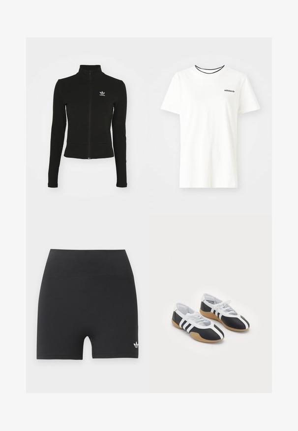 Sort zip-up jakke med lange ærmer, lavet af tekstureret materiale, med et lille blåt Adidas-logo på venstre bryst.; Hvid bomulds t-shirt med korte ærmer og rund halsudskæring. Har et sort Adidas-logo på brystet og en kontrasterende sort indvendig krave.; Sorte atletikshorts med høj talje og et lille hvidt Adidas trefoil-logo på det nederste højre ben mod en ensfarvet baggrund.; Sort-hvide sportsko med et slankt design, gummisål, snørebåndslukning og tre hvide striber på siden.