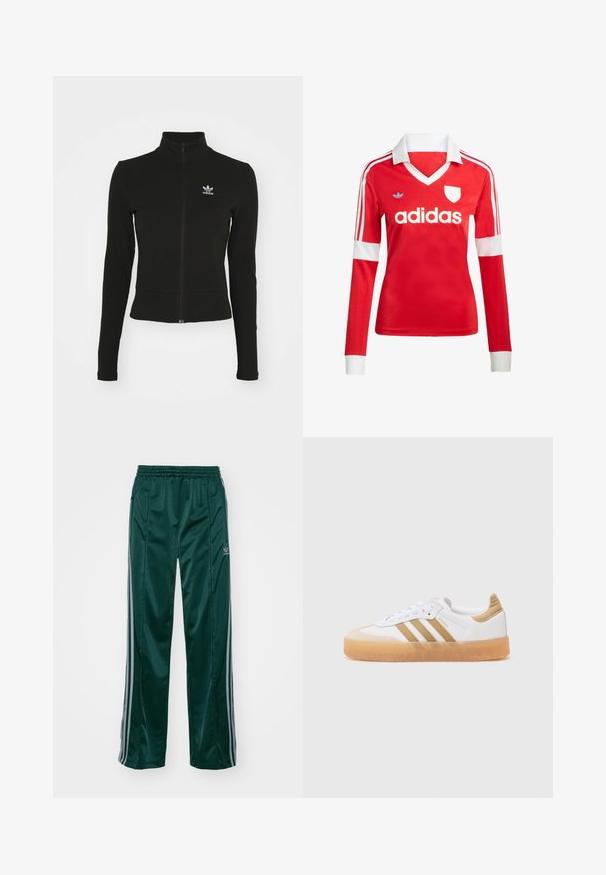 Must mustressede jakk, millel on pikad varrukad ja mis on valmistatud tekstuurilisest materjalist, ning mille vasakul rinnaku kohal on väike sinine Adidas'i logo.; Punane pikade varrukatega jalgpallipluus valge krae ja varrukateotstega. Omab kolme valget triipu õlgadel ja väljapaistvat "adidas" logo.; Tumedad roheline sportpants, mis on valmistatud läikivast materjalist, külgedel on heledates hallides triipudes ja vasakul jalal on broderdatud logo.; Valge tennisekets, millel on beežid aktsendid, kolmerealine mustriga, ümar toe ja läbipaistev kummitald. Sile nahk ja tekstiilmaterjalid.
