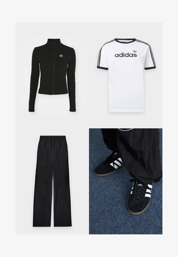Sort zip-up jakke med lange ærmer, lavet af tekstureret materiale, med et lille blåt Adidas-logo på venstre bryst.; Hvid bomulds-T-shirt med sorte detaljer, har rundt halsudskæring, korte ærmer, tre sorte striber på skuldrene og adidas-logo i sort.; Sorte bukser med vide ben og elastik i taljen, lavet af letvægtsstof, vist fladt på en lys baggrund.; Sorte suedetrainingssko med tre hvide striber og sorte snørebånd. Et tekstureret sort bukser er delvist synligt ved siden af skoene.