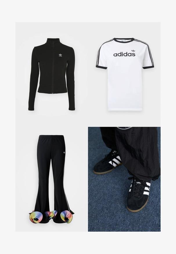 Must mustressede jakk, millel on pikad varrukad ja mis on valmistatud tekstuurilisest materjalist, ning mille vasakul rinnaku kohal on väike sinine Adidas'i logo.; Valge puuvillane T-särk mustade detailidega, millel on ümara kaelusega, lühikesed varrukad, kolm musta triipu õlgadel ja must "adidas" logo.; Mustad mustad spordipüksid laia flare-disainiga. Omavad värvilisi, ripsmetega alumisi servi ja valgeid külgtriibe. Valmistatud venivast kangast.; Mustad nahast spordijalatsid kolme valge triibuga ja mustade kingapaeltega. Kingade kõrval on osaliselt nähtavad tekstureeritud mustad püksid.