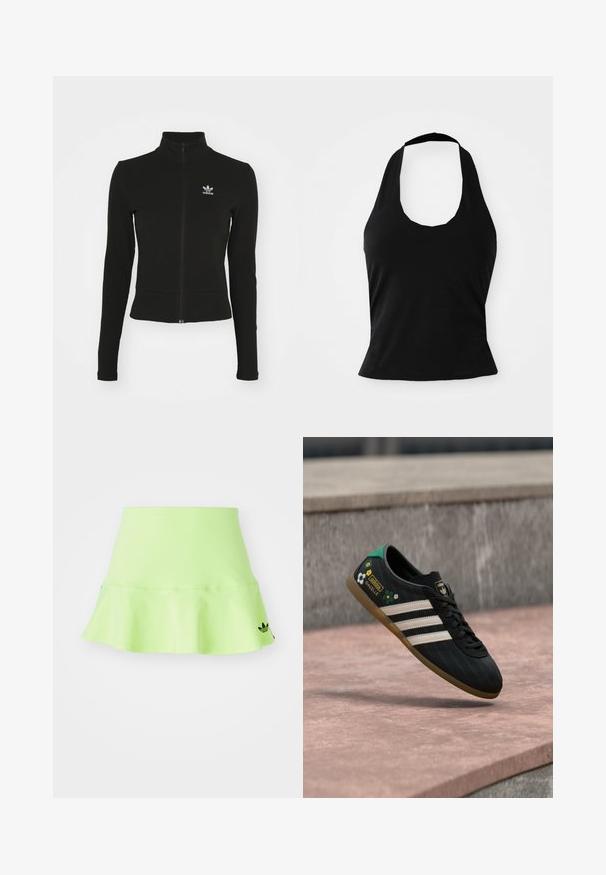 Čierna zipsová bunda s dlhými rukávmi, vyrobená z textúrovaného materiálu, s malým modrým logom Adidas na ľavej hrudi.; Čierny top na viazanie za krk vyrobený z jemnej tkaniny, s výstrihom vo forme lulky a priliehavým strihom, hladkej textúry a bez viditeľných vzorov.; adidas Originals SKIRT - Minisukňa - signal green; Čierna športová obuv s bielymi pruhmi, vzorovaným zvrškom, zdobená kvetinovými prvkami a zelenou pätou. Gumená podrážka zabezpečuje priľnavosť.