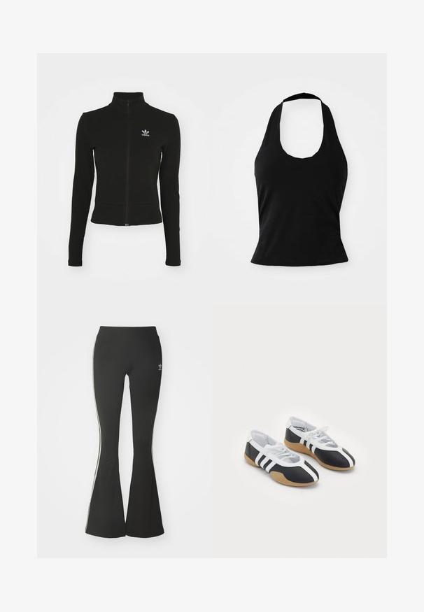 Sort zip-up jakke med lange ærmer, lavet af tekstureret materiale, med et lille blåt Adidas-logo på venstre bryst.; Sort halterneck top lavet af blød stof, med en scoop halsudskæring og en tætsiddende silhuet, med en glat tekstur og uden synlige mønstre.; Sorte flared leggings lavet af strækstof, med en høj talje og hvide sidestreger. Inkluderer lille logo ved taljen.; Sort-hvide sportsko med et slankt design, gummisål, snørebåndslukning og tre hvide striber på siden.