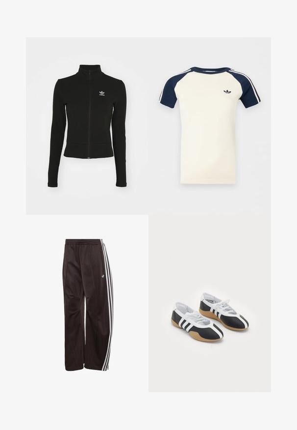 Zwarte zip-up jas met lange mouwen, gemaakt van textuurmateriaal, met een klein blauw Adidas-logo op de linkerborst.; Korte mouwen crème overhemd met marineblauwe raglanmouwen, witte strepen op de mouwen en een klein zwart Adidas-logo op de borst.; Zwarte Adidas trainingsbroek met witte drie strepen langs de zijkanten, elastische tailleband, zijzak met rits en Adidas-logo op het linkerbeen.; Zwart-witte sport schoenen met een slank ontwerp, rubberen zool, vetersluiting en drie witte strepen aan de zijkanten.