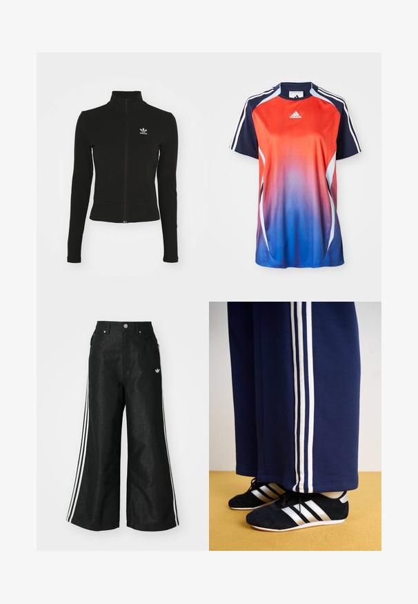 Čierna zipsová bunda s dlhými rukávmi, vyrobená z textúrovaného materiálu, s malým modrým logom Adidas na ľavej hrudi.; Adidas športová košeľa s krátkym rukávom s gradientom od červenej po modrú, s námorníckymi akcentmi a bielymi pruhmi pozdĺž ramien.; Čierne džínsy s širokým strihom, s tromi bielymi pruhmi po stranách a malým bielym logom. Obsahujú predné vrecká a zapínanie na gombík.; Námornícke tepláky s tromi bielymi vertikálnymi pruhmi a čiernymi atletickými topánkami so striebornými pruhmi a textúrovaným povrchom. Žltá podlaha.