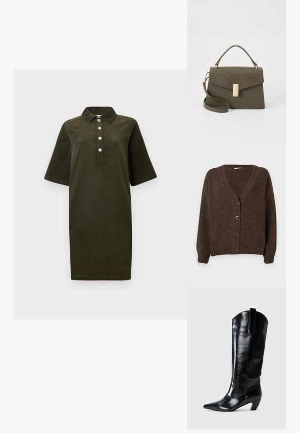Brun strikket cardigan med v-hals, lange ærmer og fem knapper foran. Blød tekstur med ribbede manchetter og kant.; Mørkegrødt kordkjole med korte ærmer, krave og fire sølvknapper ned ad fronten.; Sorte læderknæhøje støvler med spids tå, lav hæl og dekorative syninger på siderne. Glat, blank overflade.; Lille olivengrøn håndtaske med en struktureret design, der har et topgreb, aftagelig skulderrem og en guldfarvet lås foran.