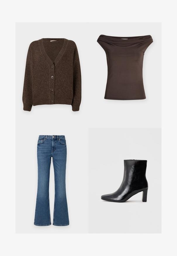 Brun strikket cardigan med v-hals, lange ærmer og fem knapper foran. Blød tekstur med ribbede manchetter og kant.; Brun, figursyet off-shoulder top med foldet halsudskæringsdetalje, ærmeløs, vist mod hvid baggrund.; Flarede blå jeans lavet af denim, med mellemhøj talje, frontlommer og en falmet finish, samt synlige sømme langs sømmene.; Sorte ankelstøvler lavet af blank læder, med spidse tæer og en mellemstor blokhæl, med en glat tekstur og et enkelt design.