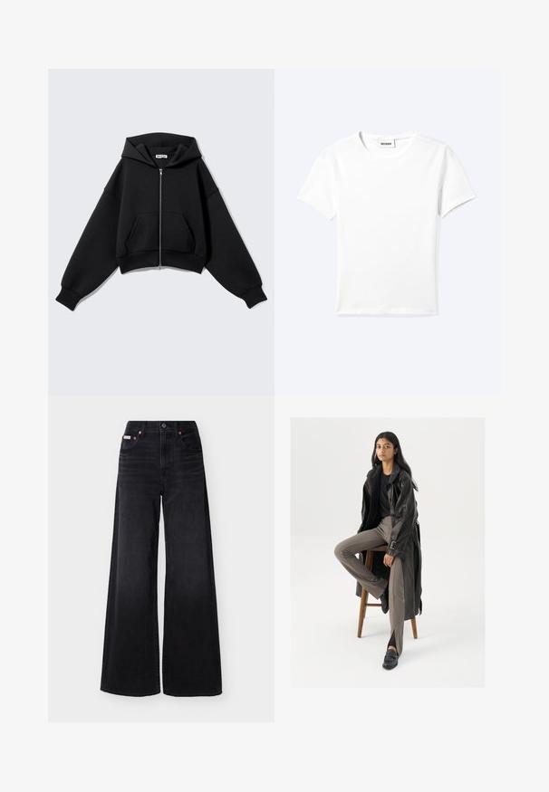 Μαύρο cropped φούτερ από μαλακό ύφασμα, με φερμουάρ μπροστά, μεγάλες τσέπες, κουκούλα και φαρδιά μανίκια για άνετη εφαρμογή.; Απλό λευκό μπλουζάκι με κοντά μανίκια και στρογγυλή λαιμόκοψη, με μια μικρή ετικέτα "WEEKDAY" μέσα στο λαιμό, εμφανίζεται απλωμένο πάνω σε ανοιχτό φόντο.; Μαύρο τζιν παντελόνι με φαρδιά πόδια, ψηλή μέση, κουμπιά μπροστά, φερμουάρ, θηλιές για ζώνη και σχεδιασμό με πέντε τσέπες.; Μαύρο δερμάτινο παλτό με κουμπιά και λεπτομέρεια ζώνης, συνδυασμένο με ανοιχτό καφέ εφαρμοστά παντελόνια και μαύρα μοκασίνια, καθισμένο σε ξύλινη σκάλα.