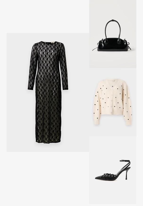 Crème v-hals cardigan met een geribbelde textuur, zwarte hartpatronen en drie knopen aan de voorkant. Lange, iets gepofte mouwen.; Langsleeve, vloerlange zwarte kanten jurk met bloempatroon en een effen voering eronder, weergegeven tegen een effen achtergrond.; Zwarte pumps met hoge hak en spitse neus, gegolfde randen, metalen oogjes, vetergespsluiting aan de voorzijde en enkelriem met gespsluiting.; Kleine zwarte glanzende handtas met twee lange hengsels en zijkant trekkoord details op een effen lichte achtergrond.