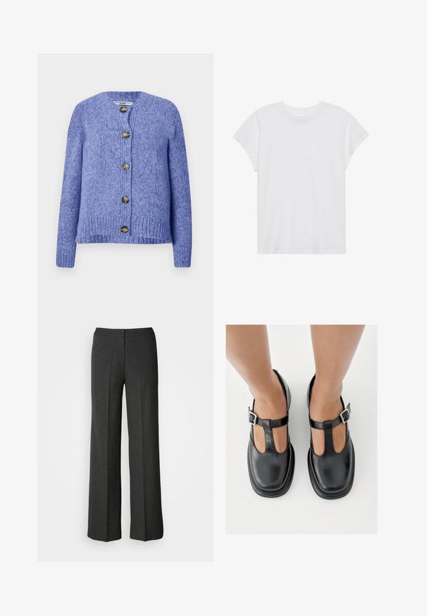 Gebreide cardigan in paars met een ronde hals, lange mouwen en een knopenfrontsluiting. Bevat vijf donker-gouden knopen en heeft een gemêleerde afwerking.; Witte t-shirt met korte mouwen, ronde hals, relaxte pasvorm, gemaakt van zacht katoen. Glad textuur, geen patronen of logo's.; Wijdvallende broek in donkergrijs, gemaakt van geweven stof. Heeft een aansluitende tailleband en een subtiel streeppatroon.; Zwarte leren schoenen met een T-bandontwerp, gesloten teensluiting en zilverkleurige gespdetails. Glad oppervlak met een ronde neus en platte zool.