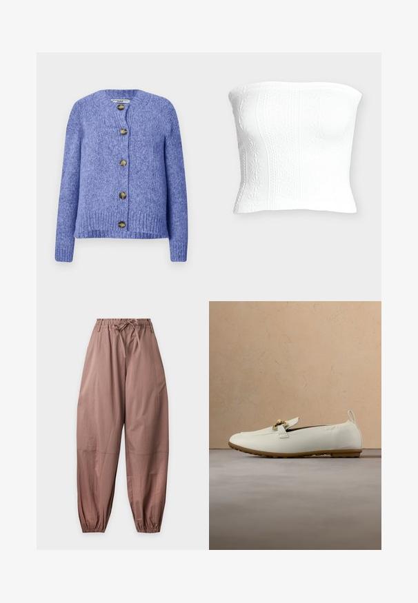 Cardigan en tricot violet avec un col rond, des manches longues et une fermeture à boutons sur le devant. Comprend cinq boutons dorés foncés et une finition texturée.; Haut tube blanc sans bretelles en maille avec motifs floraux et texturés, silhouette ajustée.; Pantalon marron ample avec taille élastique et bas de jambes resserrés, avec un cordon à la taille.; Mocassin en cuir crème avec détail de boucle dorée et semelle en caoutchouc, posé sur un tapis beige texturé avec une table basse en bois et des livres en arrière-plan.