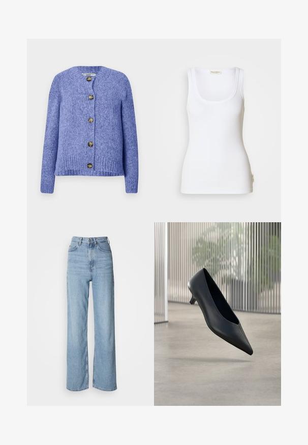 Gebreide cardigan in paars met een ronde hals, lange mouwen en een knopenfrontsluiting. Bevat vijf donker-gouden knopen en heeft een gemêleerde afwerking.; Witte geribbelde tanktop met een ronde halslijn en brede schouderbanden. Voorzien van een logolabel aan de zijkant van de zoom. Gemaakt van zachte, rekbare stof.; Lichtblauwe high-waisted jeans met een rechte pijp, gemaakt van denim, met een sluiting aan de voorkant met knopen en subtiele vervagingdetails.; Zwarte kitten heel schoen met puntige neus die boven een gladde betonnen vloer zweeft, met verticale doorschijnende panelen op de achtergrond.