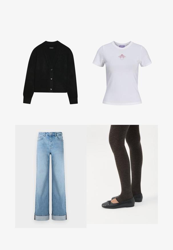 Even&Odd by Zalando Cardigan - black; Hvid tætsiddende t-shirt med korte ærmer med en lille rød englegrafik over et hjerte i midten af brystet.; Lyseblå, vide jeans i klassisk denim med høj talje, prydet med opbrettede kanter og synlig søm.; Ben iført mørke ribbede leggings kombineret med sorte balletsko med små sløjfedetaljer på hvid baggrund.
