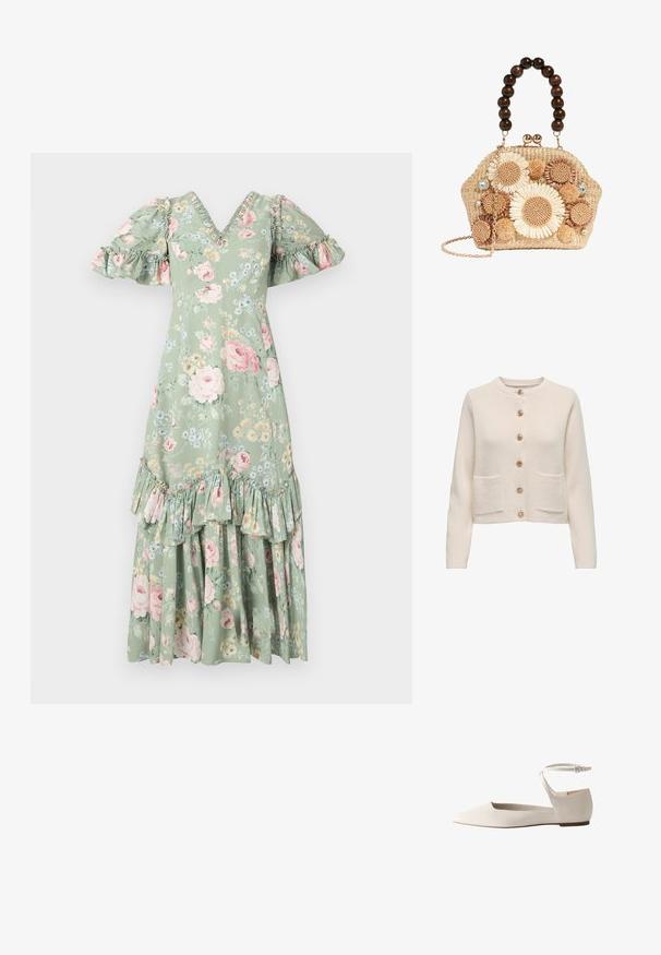 Lys beige cardigan lavet af tekstureret stof, med rund halsudskæring, syv store knapper og to forlommer.; Blomstret maxi-kjole i blød grøn med V-hals, puf ærmer, flæsedetaljer og et tieret kant. Har pink roser og små blå blomster.; Damesko med spids tå i offwhite læder med ankelrem og lille spænde, vist fra siden.; Vævet stråhåndtaske med stor mørk træperlehåndtag, blomstrede hæklet dekorationer, pomponer, rhinsten og en guldkæde.