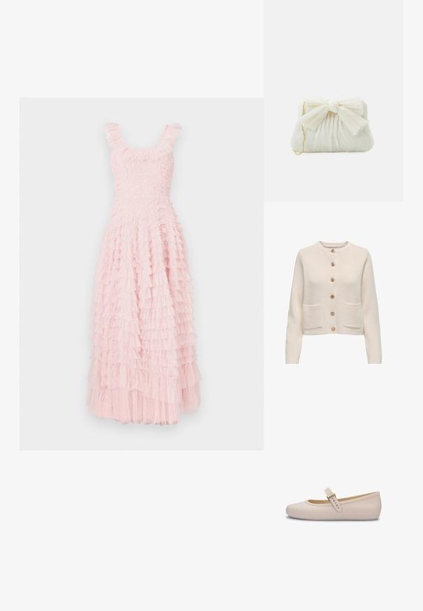 Cardigan beige clair en tissu texturé, avec un col rond, sept grands boutons et deux poches à l'avant.; Robe rose à volants avec un corsage ajusté et une jupe superposée texturée. Présente un décolleté arrondi et des accents délicats de volants aux épaules.; Melissa Babies - beige; Sac à main plissé blanc avec un nœud proéminent et une chaîne dorée. Texture douce avec un design froncé à l'avant.