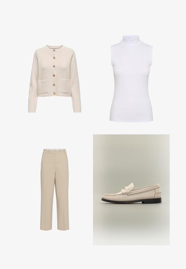Hellbeige Strickjacke aus strukturiertem Stoff mit rundem Halsausschnitt, sieben großen Knöpfen und zwei vorderen Taschen.; Weißes ärmelloses Rollkragenoberteil aus geripptem Stoff, mit einer enganliegenden Passform und glatter Textur, hohem Kragen und ohne sichtbare Hardware.; Beige gerade geschnittene Anzughose mit Gürtelschlaufen und verdecktem Frontverschluss, auf einem weißen Hintergrund präsentiert.; Beiger Herren-Ledermokassin mit schwarzer Sohle und dekorativem Riemen auf hellem grauem Hintergrund.