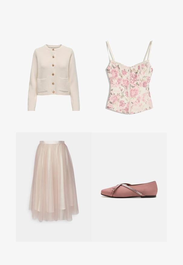 Lichtbeige cardigan van textuurstof, met een ronde halslijn, zeven grote knopen en twee voorzakken.; Bloemen corsetstijl top met roze bloemen en groene bladeren op crèmekleurige achtergrond, dunne crèmekleurige bandjes en kanten rand langs de halslijn.; Ida Sjöstedt FLAWLESS SKIRT - A-lijn rok - warm beige; Ballet flats in zacht rozen satijn met een kruisbandontwerp versierd met vierkante zilveren accenten en een ronde neus. Lage zwarte zool.