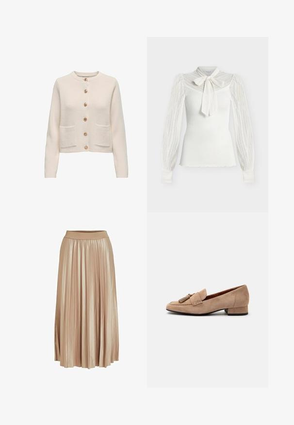Cardigan beige clair en tissu texturé, avec un col rond, sept grands boutons et deux poches à l'avant.; Haut blanc à manches longues côtelé avec manches en dentelle, empiècement en dentelle et un grand noeud en dentelle noué au cou.; Jupe midi plissée en satin beige clair. Dotée d'une large taille élastique et de plis verticaux élégants sur toute sa longueur.; Mocassin beige en daim à petit talon, avec une décoration à pompons sur le devant et un bout arrondi, présenté de profil sur un fond blanc.