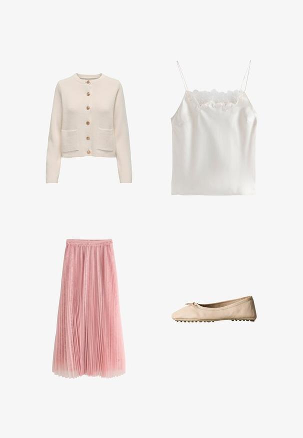 Cardigan de color beige claro hecho de tejido texturizado, con un escote redondo, siete botones grandes y dos bolsillos frontales.; Camisola de satén blanca con tirantes finos y encaje floral a lo largo del escote cuadrado.; Falda midi plisada rosa con una capa inferior de encaje y cinturilla fruncida, mostrada sobre un fondo blanco.; Zapato plano de ballet beige con punta redondeada, pequeño detalle de lazo y suela texturizada para mejor agarre, mostrado de lado sobre un fondo blanco.