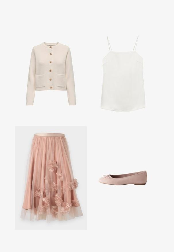 Cardigan beige clair en tissu texturé, avec un col rond, sept grands boutons et deux poches à l'avant.; Top caraco blanc sans manches avec fines bretelles spaghetti et un décolleté droit, posé à plat sur un fond blanc.; Jupe en tulle rose pâle avec une ceinture en satin. Comprend plusieurs couches de tissu transparent et des appliqués floraux en trois dimensions sur toute la surface.; Chaussure de ballet plate rose clair avec un petit nœud sur le bout arrondi et un talon bas, vue de côté.
