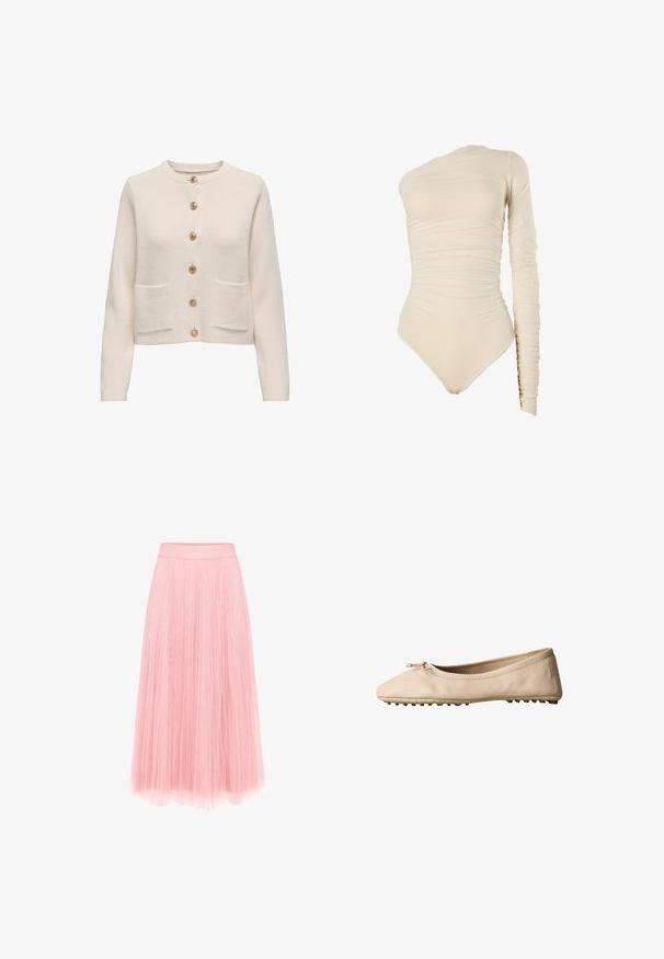 Hellbeige Strickjacke aus strukturiertem Stoff mit rundem Halsausschnitt, sieben großen Knöpfen und zwei vorderen Taschen.; Beiger langärmeliger Bodysuit mit asymmetrischem One-Shoulder-Design. Verfügt über eine geraffte Textur, hochgeschnittene Beine und weichen, elastischen Stoff.; zero MIT PLIESSENDEM BECHER - Faltenrock - bridal rose; Beiger Ballerinaschuh mit abgerundeter Spitze, kleinem Schleifendetail und profilierter Sohle für besseren Halt, seitlich auf weißem Hintergrund dargestellt.