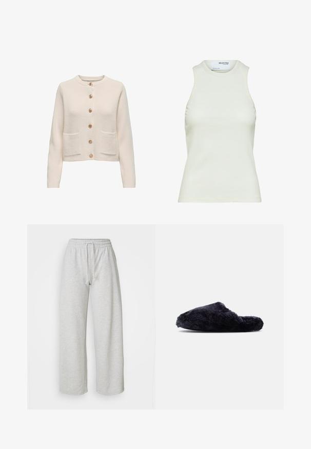 Hellbeige Strickjacke aus strukturiertem Stoff mit rundem Halsausschnitt, sieben großen Knöpfen und zwei vorderen Taschen.; Ärmelloses weißes geripptes Tanktop mit rundem Ausschnitt von Selected Femme, zeigt Vorderansicht ohne Muster oder Dekorationen.; Even&Odd Petite Jogginghose - mottled light grey; Schwarzer, flauschiger Hausschuh zum Hineinschlüpfen mit geschlossener Zehenpartie und offenem Rücken, weiches, strukturiertes Stoffmaterial, seitliche Ansicht vor weißem Hintergrund.