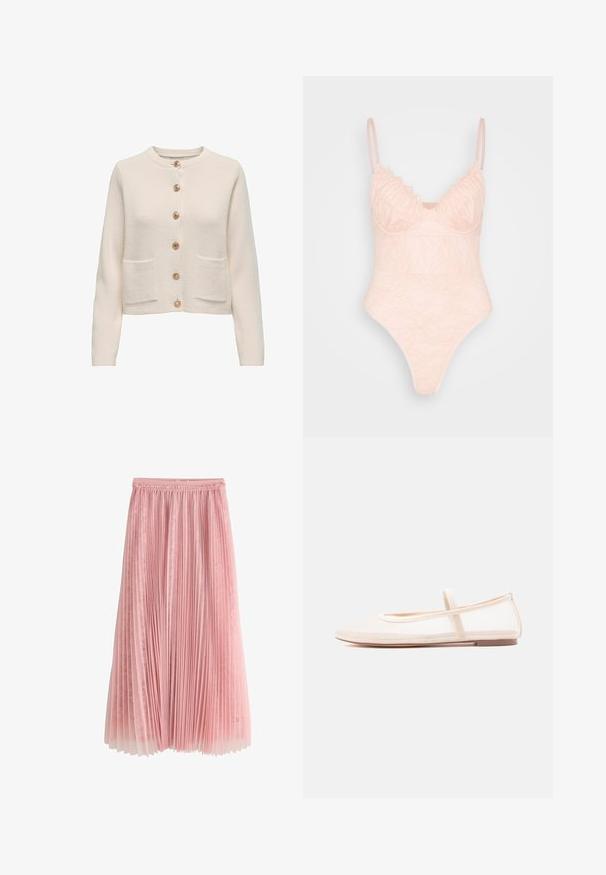 Hellbeige Strickjacke aus strukturiertem Stoff mit rundem Halsausschnitt, sieben großen Knöpfen und zwei vorderen Taschen.; IN THE STYLE LINGERIE BODYSUIT - Top - rosé; Rosa plissierter Midirock mit einer Spitzenunterlage und einem gerafften Taillenbund, dargestellt auf einem weißen Hintergrund.; Ballerinas mit durchsichtigem beigem Mesh-Obermaterial und einem Satinriemen, ausgestattet mit einer abgerundeten Zehenpartie und einer flachen braunen Sohle. Leichtes und flexibles Design.