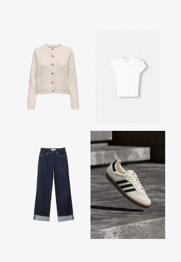 Lichtbeige cardigan van textuurstof, met een ronde halslijn, zeven grote knopen en twee voorzakken.; Witte t-shirt met korte mouwen van zachte katoen, met een ronde halslijn en een getailleerde vorm. Geen zichtbare patronen of versieringen.; Donkerblauwe wijde jeans met een hoge taille, voorzien van omgeslagen manchetten, contrasterende stiksels en een vijf-pocket ontwerp. Gemaakt van denim stof.; Witte Adidas Samba sneaker met zwarte strepen en gumzool, zwevend boven gestructureerde grijze betonnen treden.