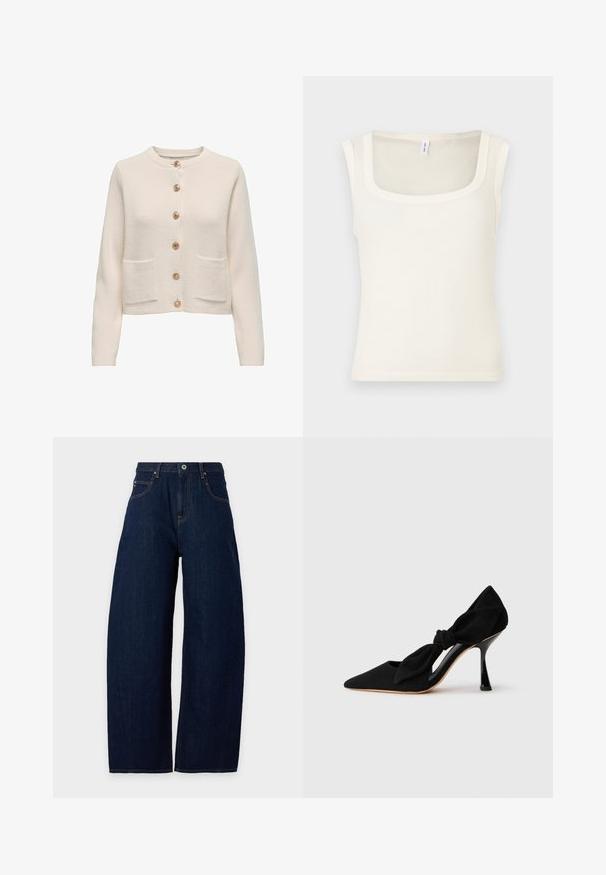 Lichtbeige cardigan van textuurstof, met een ronde halslijn, zeven grote knopen en twee voorzakken.; Crèmekleurige mouwloze tanktop met een vierkante halslijn, geribbelde textuur en een aangesloten pasvorm. Gladde stof met strakke, rechte randen.; Donkerblauwe jeans met wijde pijpen, voorzakken, riemlussen en een knoop- en ritssluiting op een effen achtergrond.; Zwarte suede hoge hak schoen met een puntige neus en een knoopdetail aan de zijkant. Heeft een glanzende stiletto hak en een uitgesneden ontwerp.