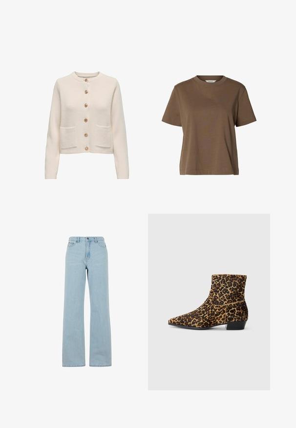 Lichtbeige cardigan van textuurstof, met een ronde halslijn, zeven grote knopen en twee voorzakken.; Bruine T-shirt met korte mouwen en ronde hals van effen stof met een ontspannen pasvorm en minimale stikseldetails.; Lichtblauwe wijde denimbroek met een hoge taille, voorzakken en een subtiele wassentextuur. Standaard knoop- en ritssluiting.; Enkellaars met luipaardprint gemaakt van gestructureerde stof, met een puntige neus en blokhak. Het ontwerp heeft een slank silhouet en een gedurfd patroon.