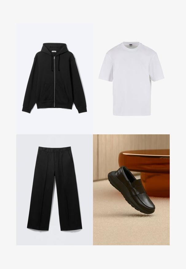 Sweat à capuche zippé noir avec poches avant et cordon de serrage à la capuche, présenté sur un fond clair.; T-shirt blanc à manches courtes en coton. Il présente un col rond et une coupe décontractée. Texture lisse, design minimaliste, sans motifs ni accents.; Pantalon large noir avec passants pour ceinture, poches avant et fermeture éclair, présenté sur un fond gris clair.; Mocassin en cuir noir avec une semelle épaisse, présenté au-dessus d'un tapis beige et près d'une base de table ronde couleur ambre.