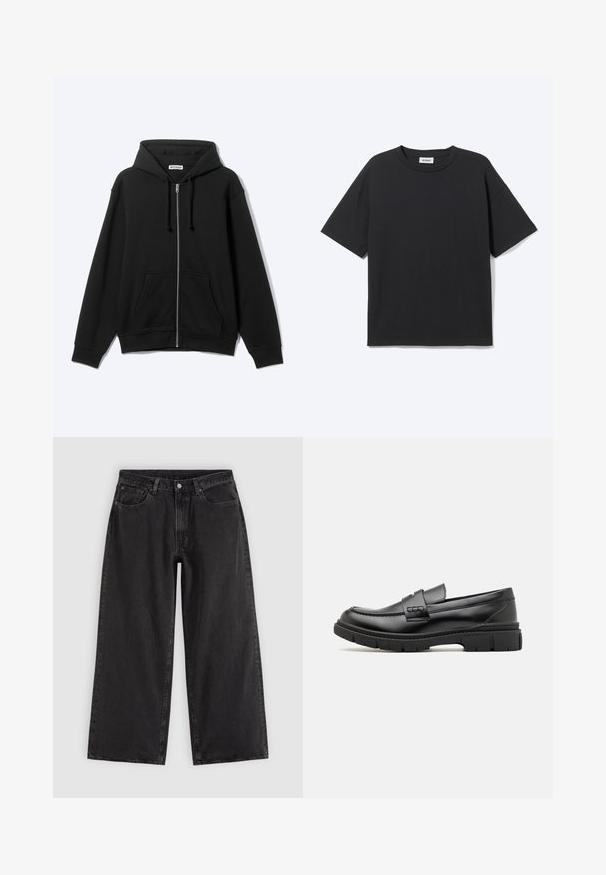 Sweat à capuche zippé noir avec poches avant et cordon de serrage à la capuche, présenté sur un fond clair.; T-shirt noir à manches courtes avec col rond, coupe décontractée, vue de face, design uni et étiquette de la marque Weekday visible à l’intérieur du col.; Jean en denim noir à jambes larges avec poches avant, passants pour ceinture et fermeture par boutons, présenté sur un fond clair uni.; Mocassin en cuir noir avec une large sangle sur le devant, semelle en caoutchouc à épaisse rainure, et texture lisse. Design classique et élégant.