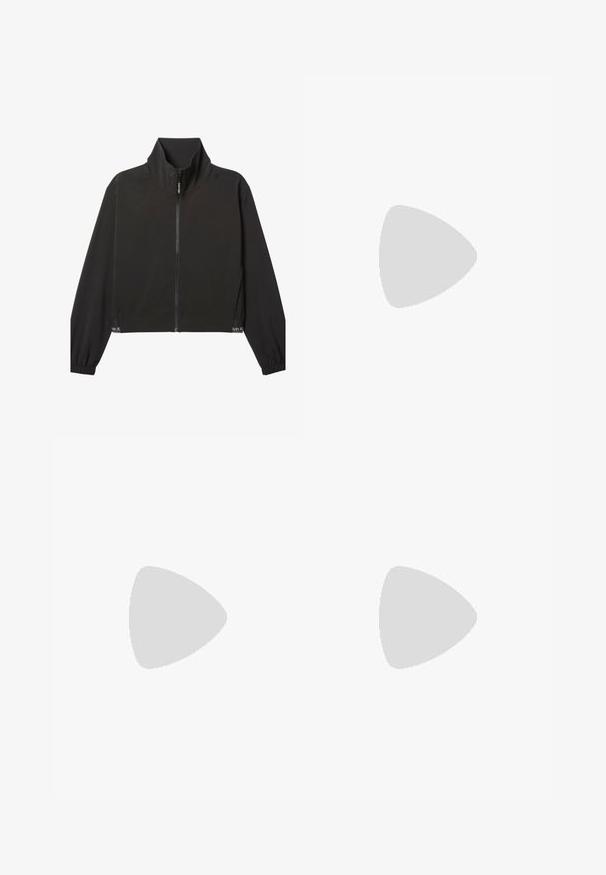Čierna bunda na zips s dlhými rukávmi a vysokým golierom, elastickými manžetami a jemným bielym logom Calvin Klein blízko lemu na oboch stranách.; Čierne tričko s krátkym rukávom vyrobené z mäkkej bavlny, s okrúhlym výstrihom, uvoľneným strihom a hladkou štruktúrou. Žiadne viditeľné vzory ani grafika.; Súpravy sametových teplákov v tlmenej zelenej farbe, s elastickým pásom a šnúrkami, bočnými vreckami a kontrastnými vertikálnymi švami.; Svetlosivá športová obuv s delenou podrážkou s tlmením a sieťovinovým zvrškom, s logom Swoosh na boku.