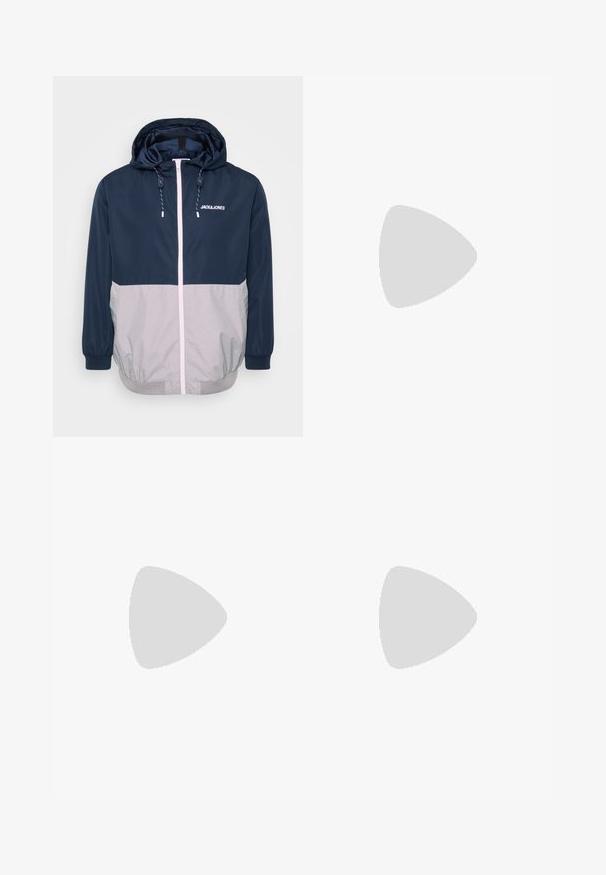 Marineblå og grå vindjakke med hætte, frontlynlås, elastiske manchetter og snoretræk. Har logo på brystet. Glat tekstur.; Hvid bomulds T-shirt med "JACK & JONES" logo i sort med en rød rektangulær accent. Korte ærmer og rund hals. Glat tekstur.; Sorte slimfit jeans med knap og lynlås foran, fem-lommer-design og bæltestropper.; Sort lædersneaker med hvide striber, tekstureret gummisål og snørrebånd foran. Har et brandet mærke på tungen.