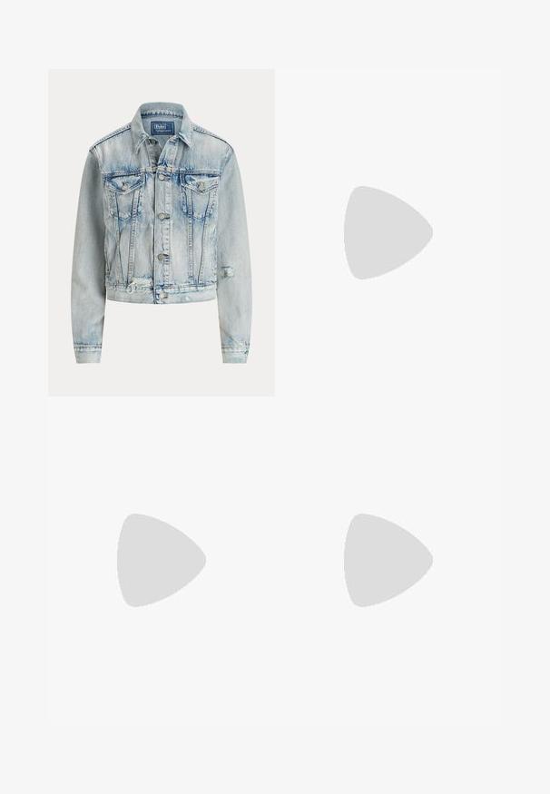 Hellblaues Jeansjacke mit tailliertem Design, langen Ärmeln, Knopfverschluss, zwei Brusttaschen und ausgefranstem unteren Saum.; Hellblaues Denim-Hemd zum Knöpfen mit Kragen, langen Ärmeln und abgerundetem Saum. Verfügt über weiße Knöpfe und eine dezente Textur im Stoff.; Dunkelblaue Straight-Leg-Denim-Jeans mit Frontknopf und Reißverschluss, Fünf-Taschen-Design und sichtbaren Nähten.; Lauren Ralph Lauren JANSON II ACTION LEATHER SNEAKER - Sneaker low - real white