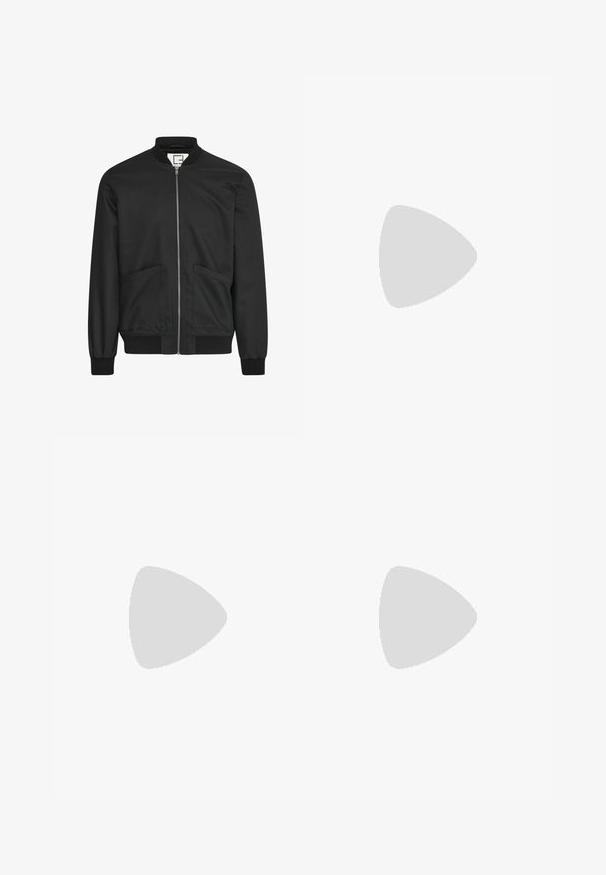 Veste bomber noire avec un col rond, fermeture éclair sur le devant et deux poches latérales. Fabriquée en tissu lisse, comportant des poignets et une taille élastiques.; Pull gris à col rond en tissu tricoté doux, avec des manches longues et des poignets et un ourlet côtelés. Design simple et classique dans l'ensemble.; Pantalon homme bleu marine coupe slim avec fermeture bouton et zip, passants de ceinture et poches latérales, présenté de face sur fond blanc.; Baskets en cuir blanc à texture lisse, avec un bout arrondi, un design plat à lacets et une semelle en caoutchouc beige. Petits perforations pour la ventilation.