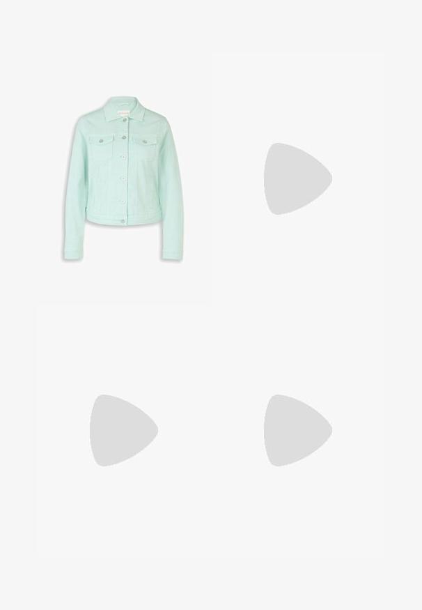Lyse mintgrøn denimjakke med lange ærmer, knappet front, to brystlommer med klapper og en klassisk krave.; TOM TAILOR TOM TAILOR T-SHIRT CRINKLE T-SHIRT - Bluse - blue haze; Mintgrønne bukser lavet af blødt stof, med snørelukning i taljen, to frontlommer og diskrete stikninger langs sidesømmene.; Lilla sneaker med en tekstureret overdel, kontrasterende grønt logo, hvide detaljer og en brun gummisål. Har afrundet tå og snørebånd.