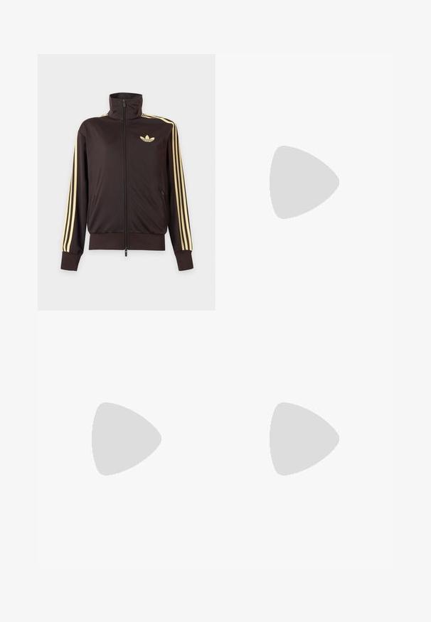 Sort lynlåstrøje med høj krave, lysegule striber ned ad ærmerne og Adidas trefoil-logo på venstre bryst.; Brunstribet Adidas polo-shirt med V-hals, bordeaux krave og rødt logo. Har hvide og røde skulderstriber samt korte ærmer.; Sorte træningsbukser med gule sidelister, elastisk taljebånd, lynlåslommer i siderne og en lille logo på den øvre lår.; Hvid sko med en lyserød ruskindforfod, sorte striber og en velcrorem. Har en lys gummi sål og et logo på siden.