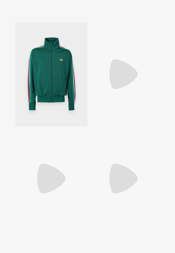 Grøn lynlåsjakke med høj krave, tekstureret stof, elastiske manchetter og lodrette striber i rød, hvid og grøn på ærmerne. Guldlogo på brystet.; Kortærmet sports T-shirt med rund hals i sort, hvid og grå abstrakt print; har neongrøn "adiTUFF" logo og lyserøde accenter.; Sorte træningsbukser med elastisk talje, prydet med blå og hvide grafiske detaljer på siderne og et broderet logo.; Mesh atletik sko i hvid og sølv, med sorte detaljer, tre hvide striber logo, polstret krave og tekstureret gummisål.