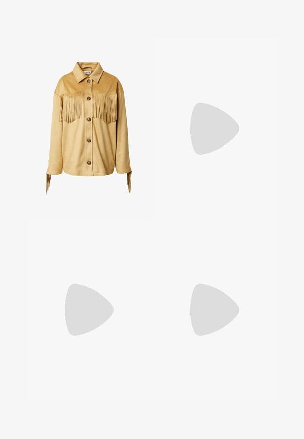 Veste en suède beige avec des détails en franges sur la poitrine et les poignets, comportant un col et de grands boutons marron sur le devant.; Robe maxi florale turquoise à manches courtes, jupe froncée, bordure orange et blanche complexe, et impression de petites fleurs sur l'ensemble.; Bottines en suede marron avec un bout pointu, un talon bloc moyen et un minimum de couture pour une apparence épurée.; Sac bandoulière en daim marron avec long détail à franges et fermeture éclair sur fond blanc.
