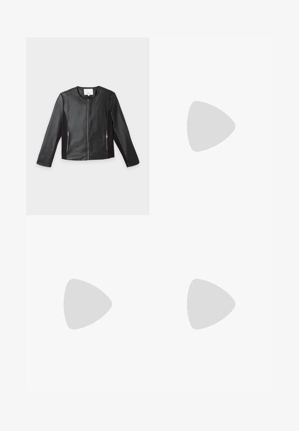 Sort jakke i kunstlæder med lange ærmer, rund halsudskæring, lynlås foran og to lynlåslommer i siderne, vist på hvid baggrund.; Grå T-shirt med et kirsebærmotiv med lyserøde glimmerdetaljer, ordet "CHERRY" i fed lyserød og yderligere tekst i sort.; Grå denimjeans med lige ben, fem lommer, synlige sømme, bæltestropper, knap og lynlåslukning, lagt fladt på en hvid baggrund.; Sorte læder slingback stiletto med spids tå, side spændebånd, nitter langs kanten og dekorativ snøring foran.