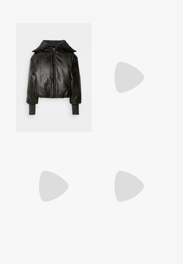 Veste en cuir noir recourbée avec un col côtelé épais, une fermeture éclair à l'avant et des manches texturées. Présente des épaules rembourrées et des poignets.; Pull en tricot crème avec des motifs géométriques noirs, col montant et poignets côtelés. Texture douce avec des rayures noires contrastantes.; Jupe en cuir vert olive avec une taille ceinturée, dotée de deux poches avant et d'une texture lisse. Silhouette évasée avec un design moderne.; Bottes en cuir noires arrivant au genou, avec un bout carré et un talon carré, présentées sur un modèle assis dans un manteau vert olive. Texture lisse, détails minimaux.