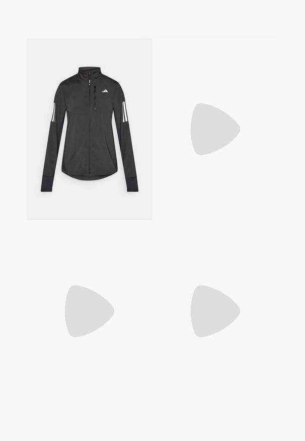 Chaqueta deportiva negra hecha de material ligero. Cuenta con una cremallera frontal, un cuello alto y tres franjas blancas en cada manga.; Sudadera atlética negra de manga larga con Media cremallera, tejido texturizado, capucha ajustable y franjas reflectantes en las mangas. Presenta un logotipo en el pecho.; Pantalones cortos deportivos negros fabricados con material elástico, con una cintura alta, costuras planas y un logo blanco en la cadera izquierda.; Zapatilla de correr negra y gris con tres grandes rayas blancas en el lateral y suela gruesa negra etiquetada como "Lightstrike Pro".