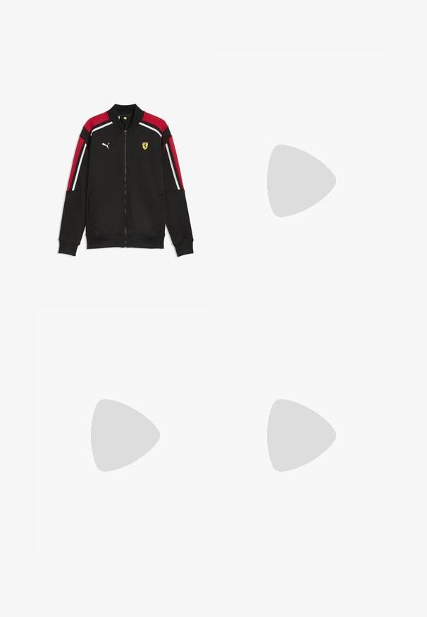 Sort lynlåstrøje med røde og hvide striber på skuldre og ærmer, med Puma-logo og Ferrari-skjold på brystet.; Sort Puma sportstrøje med korte ærmer, hvidt logo, røde detaljer langs skuldrene og v-udskæring. Fremstillet af letvægtsmateriale.; Sorte sports shorts med elastisk talje, med sidelommer og et struktureret panelmønster i mørkegrå. Hvidt logo accent.; Sorte fodboldstøvler med tekstureret materiale, hvidt Puma-logo, snørebåndslukning og metalstifter for godt greb. Designet understreger ydeevne og støtte.