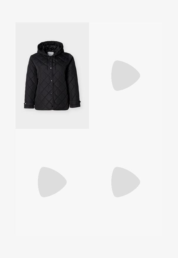Sort quiltet jakke med hætte, forside med trykknapper, justerbare snore og sidelommer. Glat tekstur med diamantmønster.; Sort top med trekvartærmer lavet af blødt bomuldsstof. Har en bådudskæring og et lille logo-detalje på brystet.; Blå jeans med høj talje og lige ben, med to forreste knapper og lommer, vist mod en ensfarvet lys baggrund.; Sorte ankelstøvler lavet af blank læder, med spidse tæer og en mellemstor blokhæl, med en glat tekstur og et enkelt design.