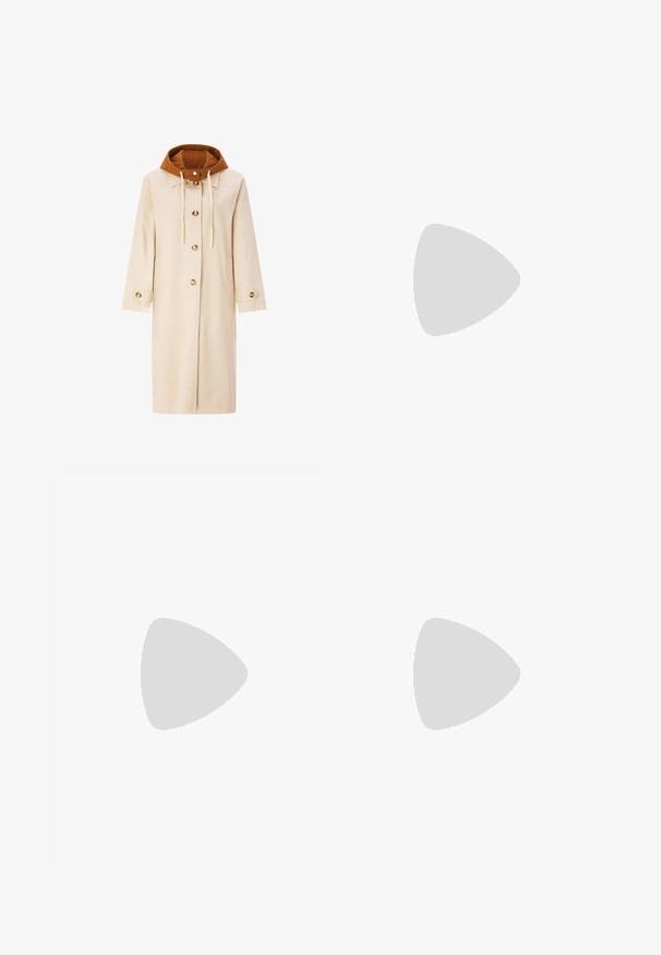Langer beiger Trenchcoat mit brauner, abnehmbarer Kapuze und Knopfverschluss, ausgestattet mit langen Ärmeln und geknöpften Manschetten.; Roter gestrickter Pullover mit rundem Halsausschnitt, langen Ärmeln und gerippten Bündchen und Saum. Die weiche Textur und der lässige Schnitt erhöhen den Komfort.; Gelbe Sporthosen mit weitem Bein, ausgestattet mit grünen Seitenstreifen und einem kleinen Logo auf der linken Hüfte. Elastischer Bund für mehr Komfort.; Gelber Wildleder-Sneaker mit abgerundeter Zehenpartie, Schnürverschluss und drei beigefarbenen Streifen an der Seite. Verfügt über eine kontrastierende beige Ferse und gepolstertes Innenfutter.