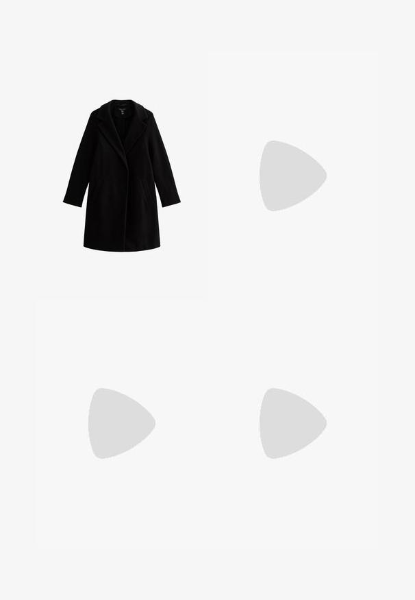 Sort uldfrakke med notches krave, lange ærmer og sidelommer. Glat tekstur, knælangt design, minimale accenter.; Sort ribbet langærmet cropped top med en scoop halsudskæring, knaplukning foran og tekstureret stof. Har subtile lodrette striber.; Sorte bukser med høj talje og vide ben med forreste plisseringer, knaplukning og bæltestropper, vist mod en hvid baggrund.; Sorte læderloafers med teksturerede detaljer, lav hæl, rund tå og synlige syninger. Modellen bærer mørke bukser og en grå top.