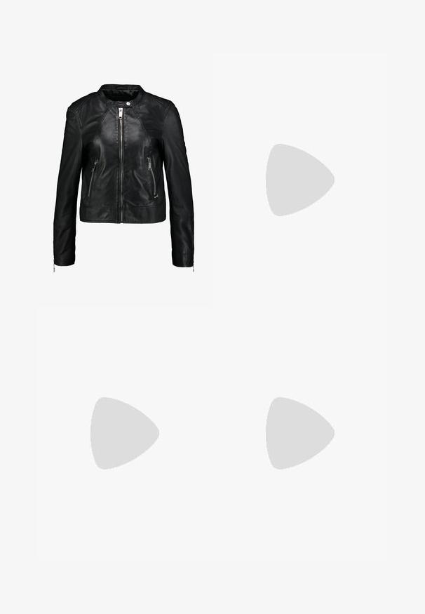 Maze GRENADA - Leren jas - black; Zwarte coltrui gemaakt van zachte stof, met lange mouwen en een aansluitende snit. Eenvoudig ontwerp zonder zichtbare patronen of versieringen.; Lichtblauwe skinny jeans van denim, met een normale taille, vijf zakken en subtiele vervaging voor een versleten effect.; Zwarte hooggesloten canvas sneaker met witte rubberen zool en witte veters, zijwaarts weergegeven op een witte achtergrond.